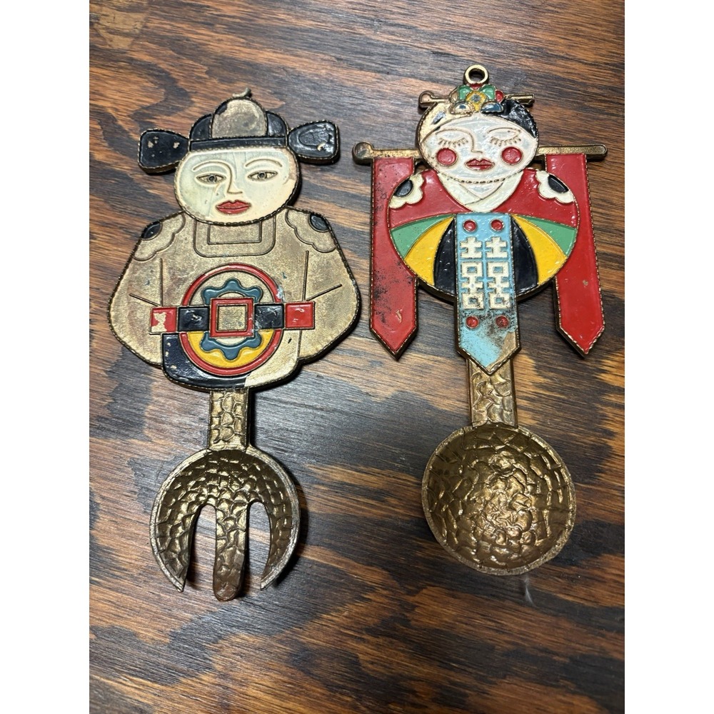 Chinese Wall Hanging Character Spoon‎ And Fork Painted Colorful Girl And Boy